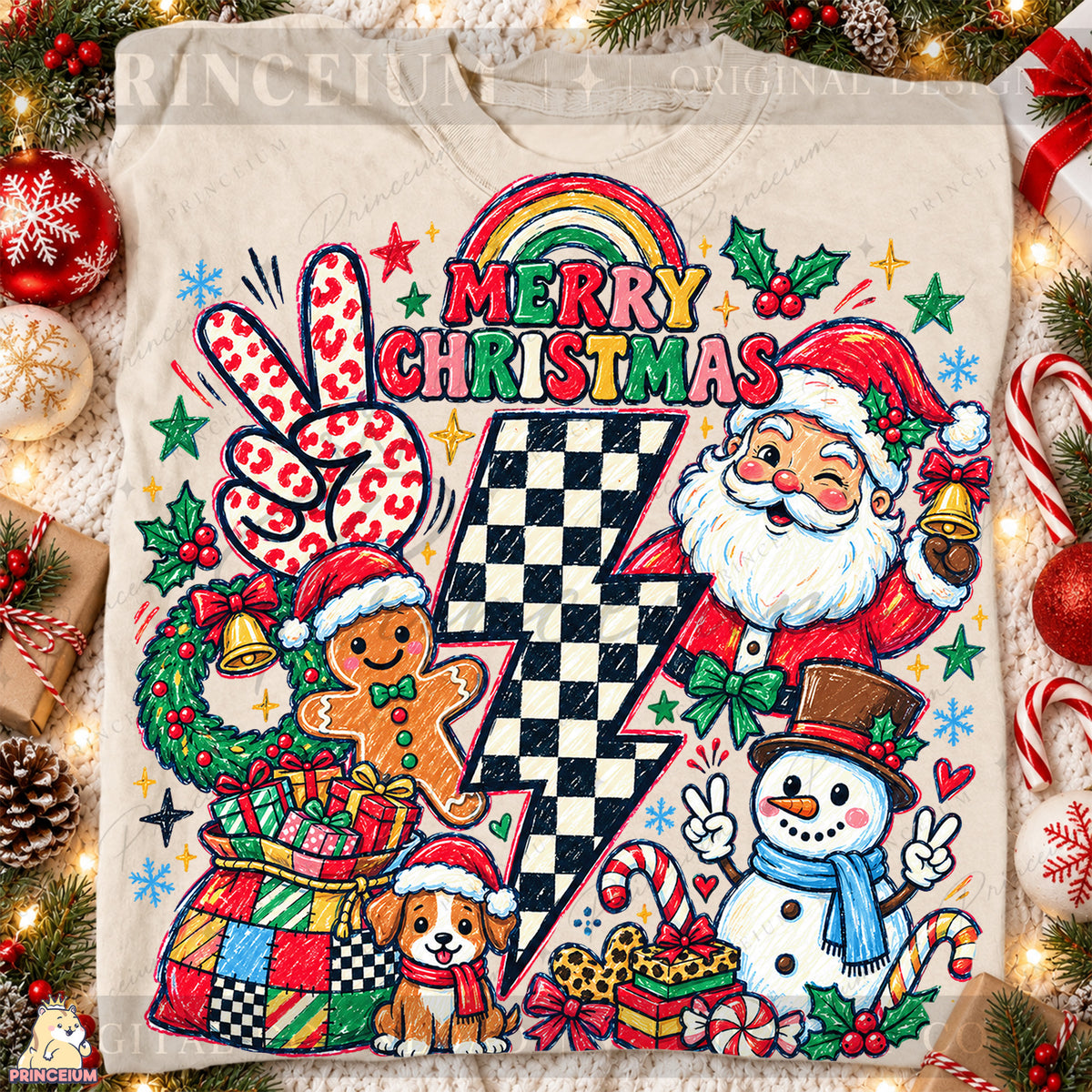 Merry Christmas PNG Santa & Snowman Checkered Lightning Bolt Preppy Holiday Design