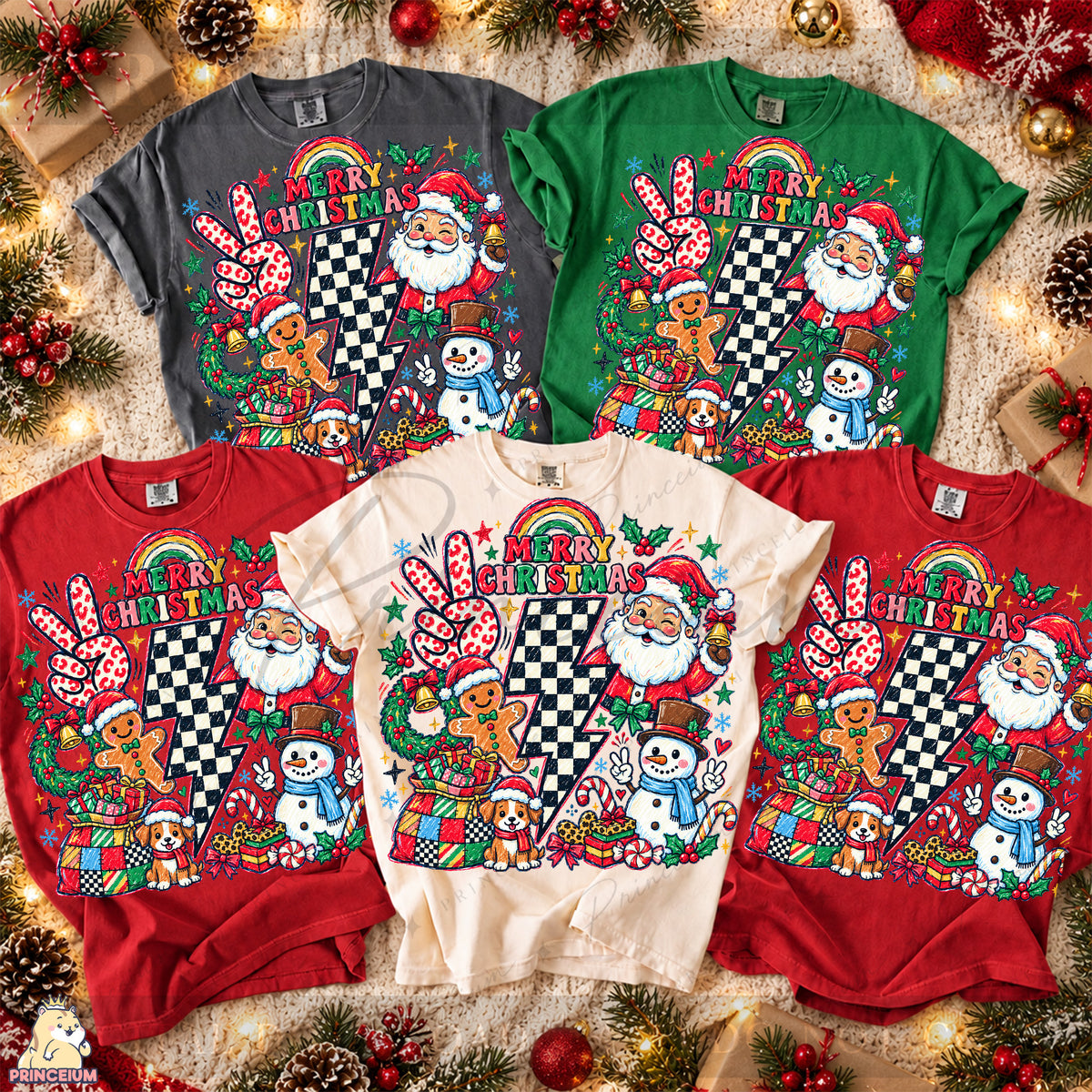 Merry Christmas PNG Santa & Snowman Checkered Lightning Bolt Preppy Holiday Design