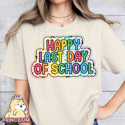 Happy Last Day of School Dalmatian Dots Doodle Bright Png, Happy Day Of School Png, Teacher Summer Break Png, Teacher Last Day Sublimation