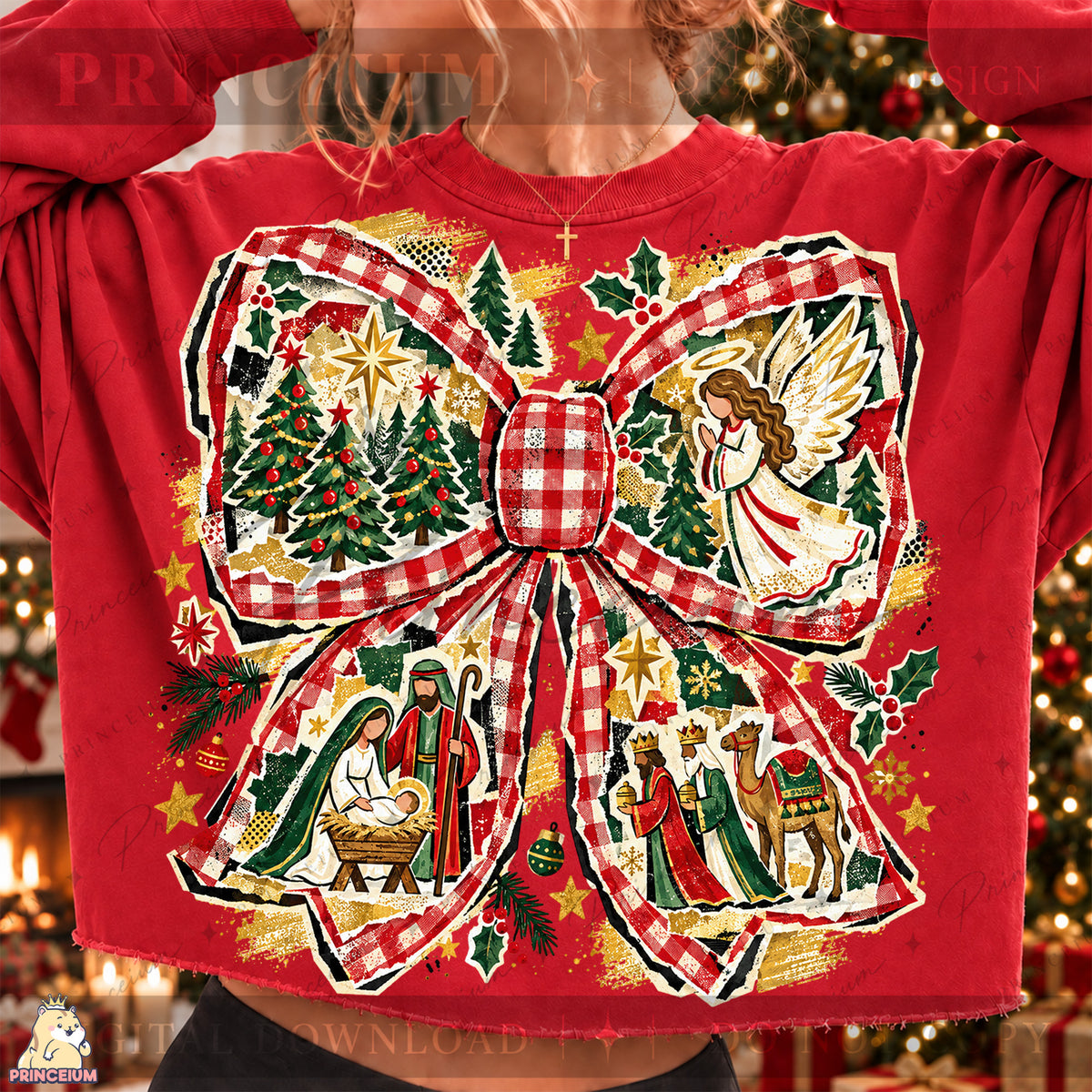 Nativity Christmas Bow PNG Plaid Angel & Baby Jesus Christian Holiday Design