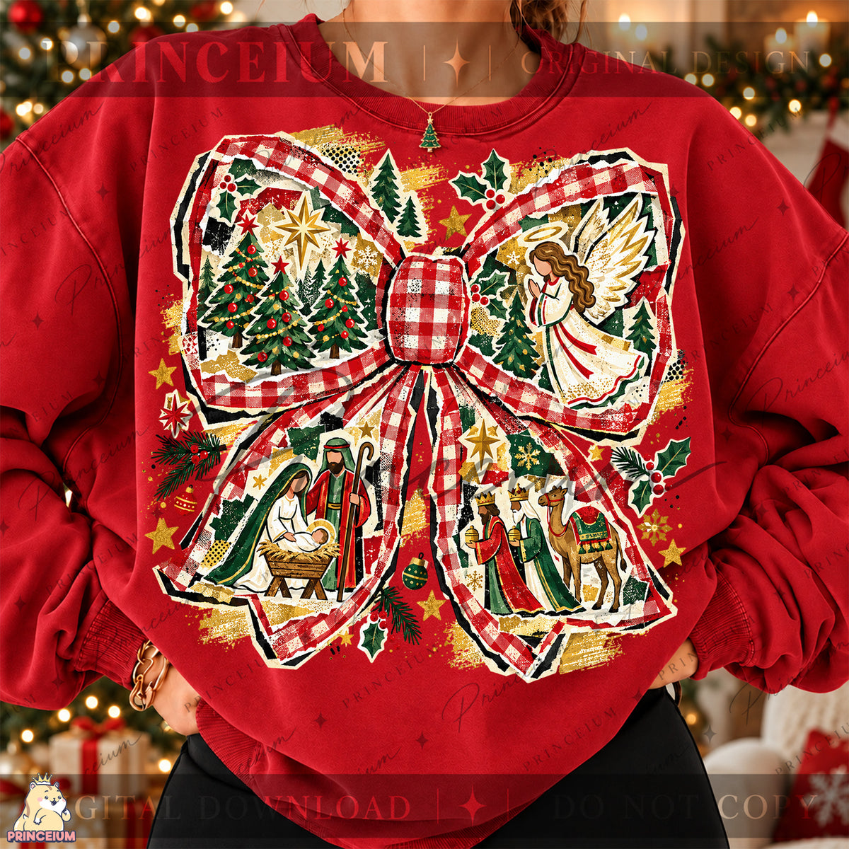 Nativity Christmas Bow PNG Plaid Angel & Baby Jesus Christian Holiday Design