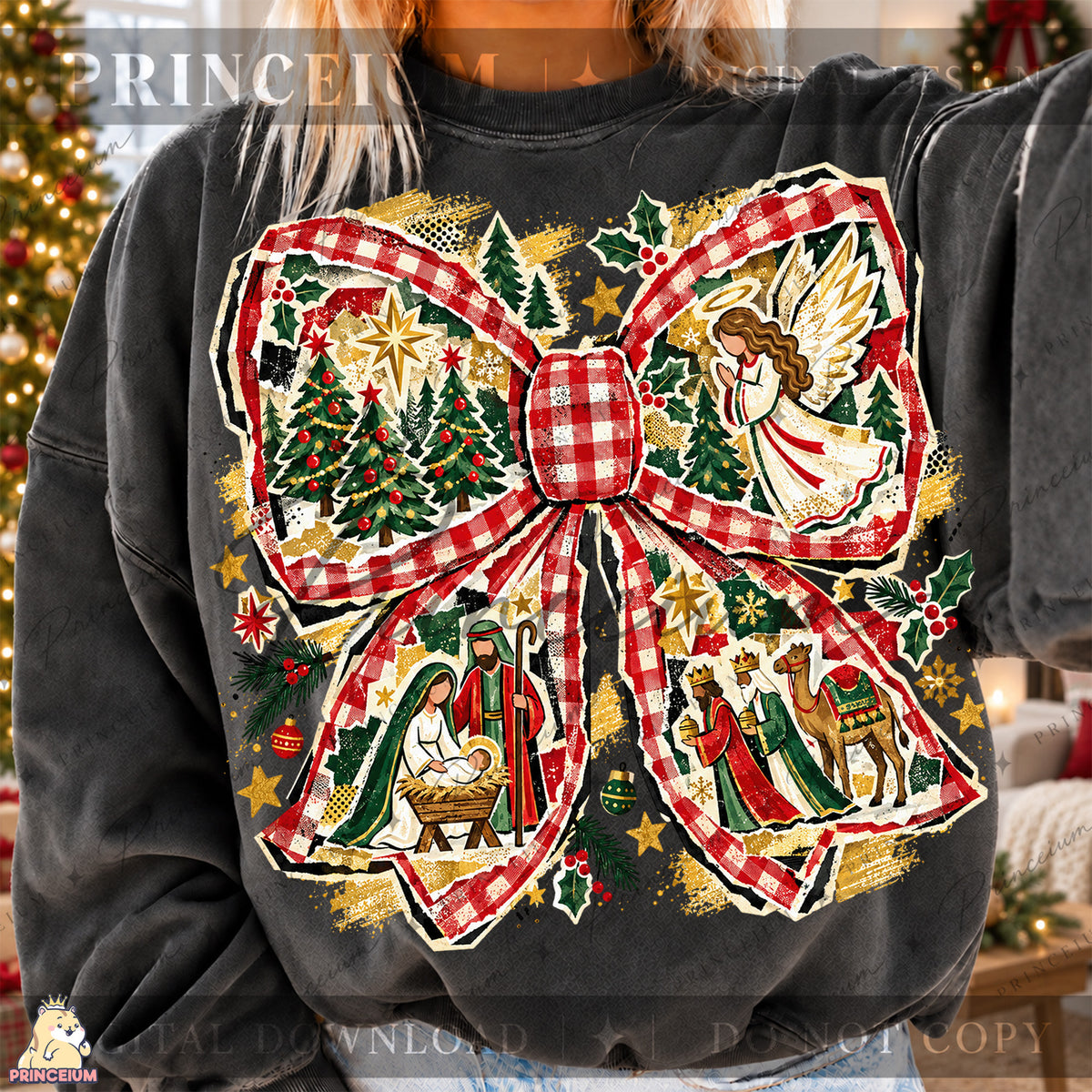 Nativity Christmas Bow PNG Plaid Angel & Baby Jesus Christian Holiday Design