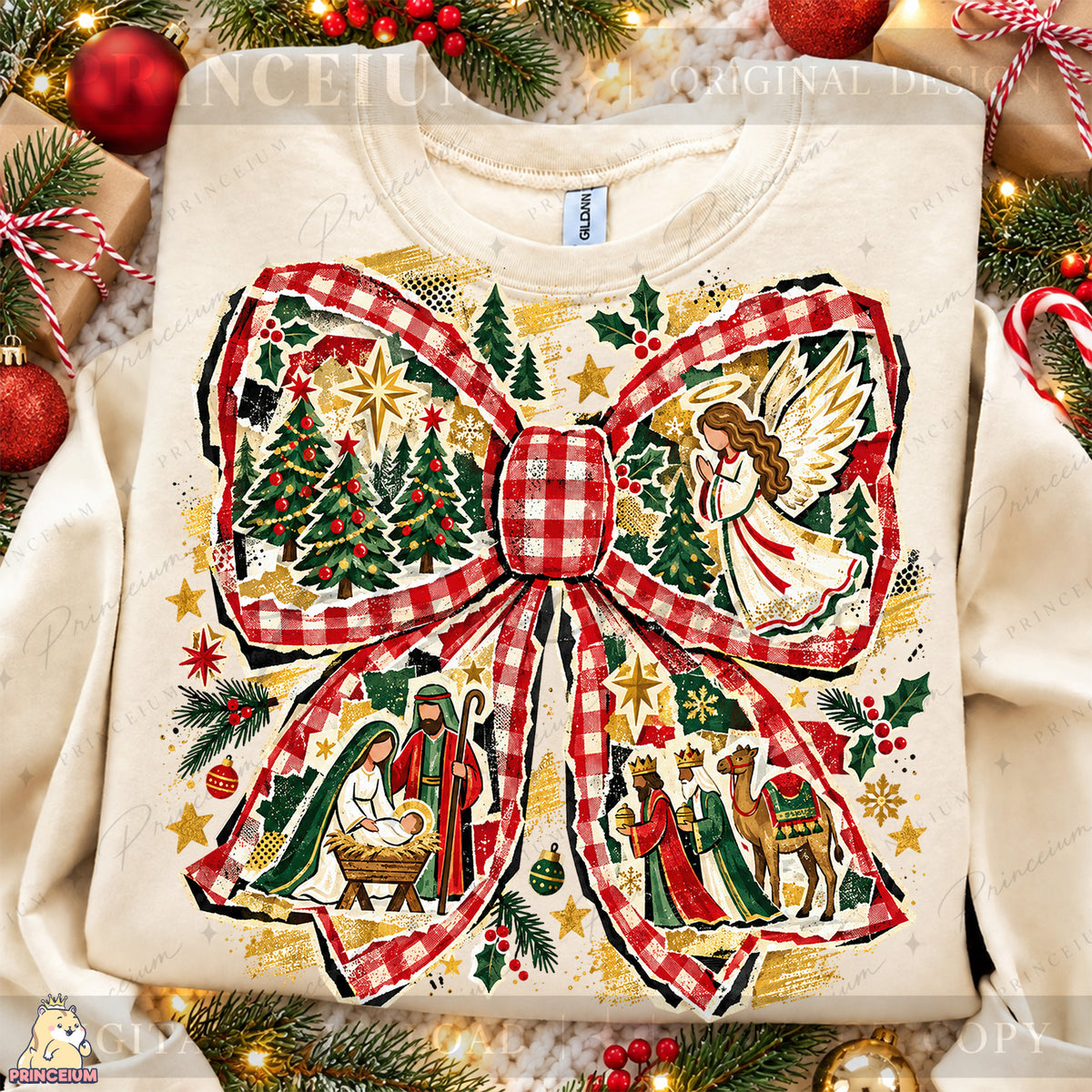 Nativity Christmas Bow PNG Plaid Angel & Baby Jesus Christian Holiday Design