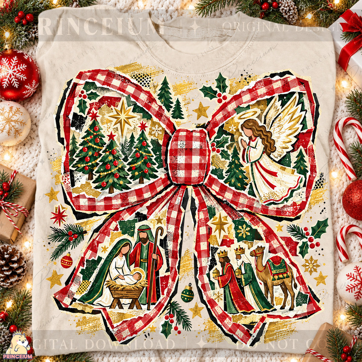 Nativity Christmas Bow PNG Plaid Angel & Baby Jesus Christian Holiday Design