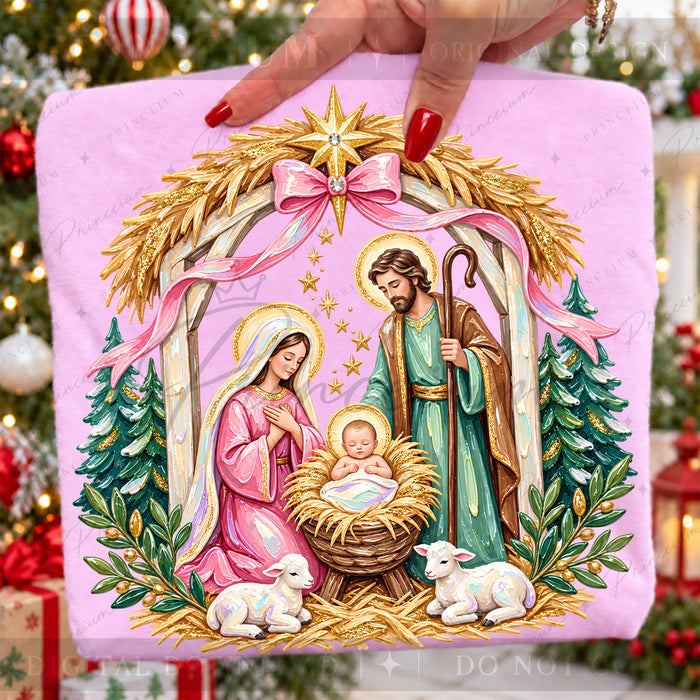 Nativity Christmas PNG Holy Family & Pink Bow Pastel Christian Holiday Design