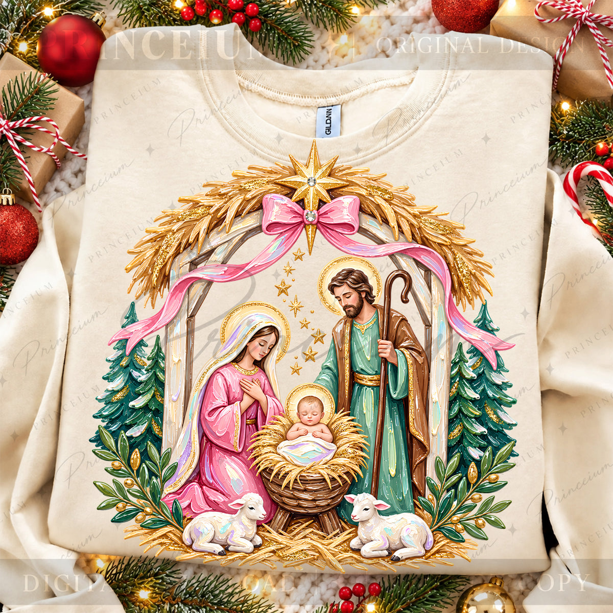 Nativity Christmas PNG Holy Family & Pink Bow Pastel Christian Holiday Design