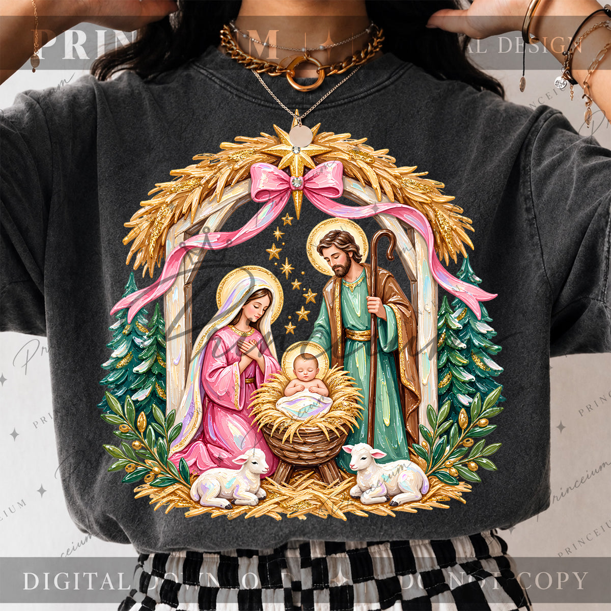 Nativity Christmas PNG Holy Family & Pink Bow Pastel Christian Holiday Design