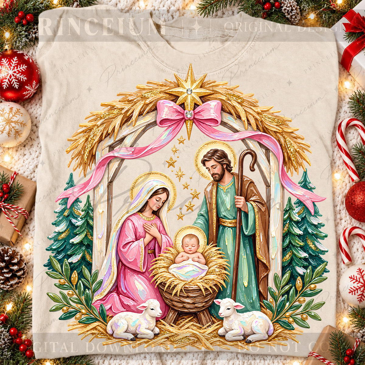 Nativity Christmas PNG Holy Family & Pink Bow Pastel Christian Holiday Design