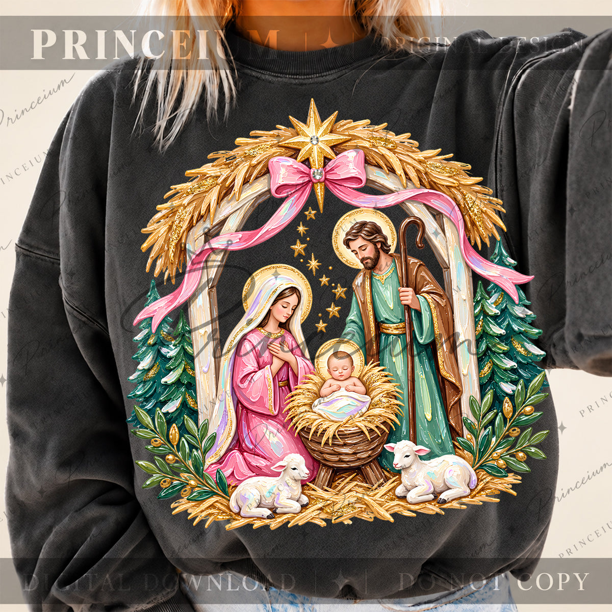 Nativity Christmas PNG Holy Family & Pink Bow Pastel Christian Holiday Design