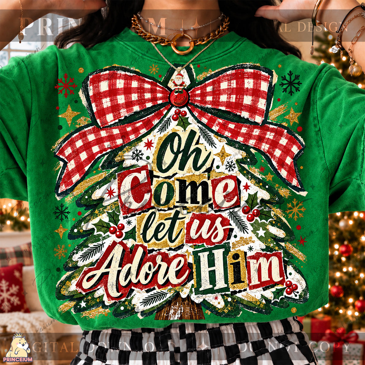 Oh Come Let Us Adore Him Christmas PNG Plaid Bow Tree Christian Holiday Design