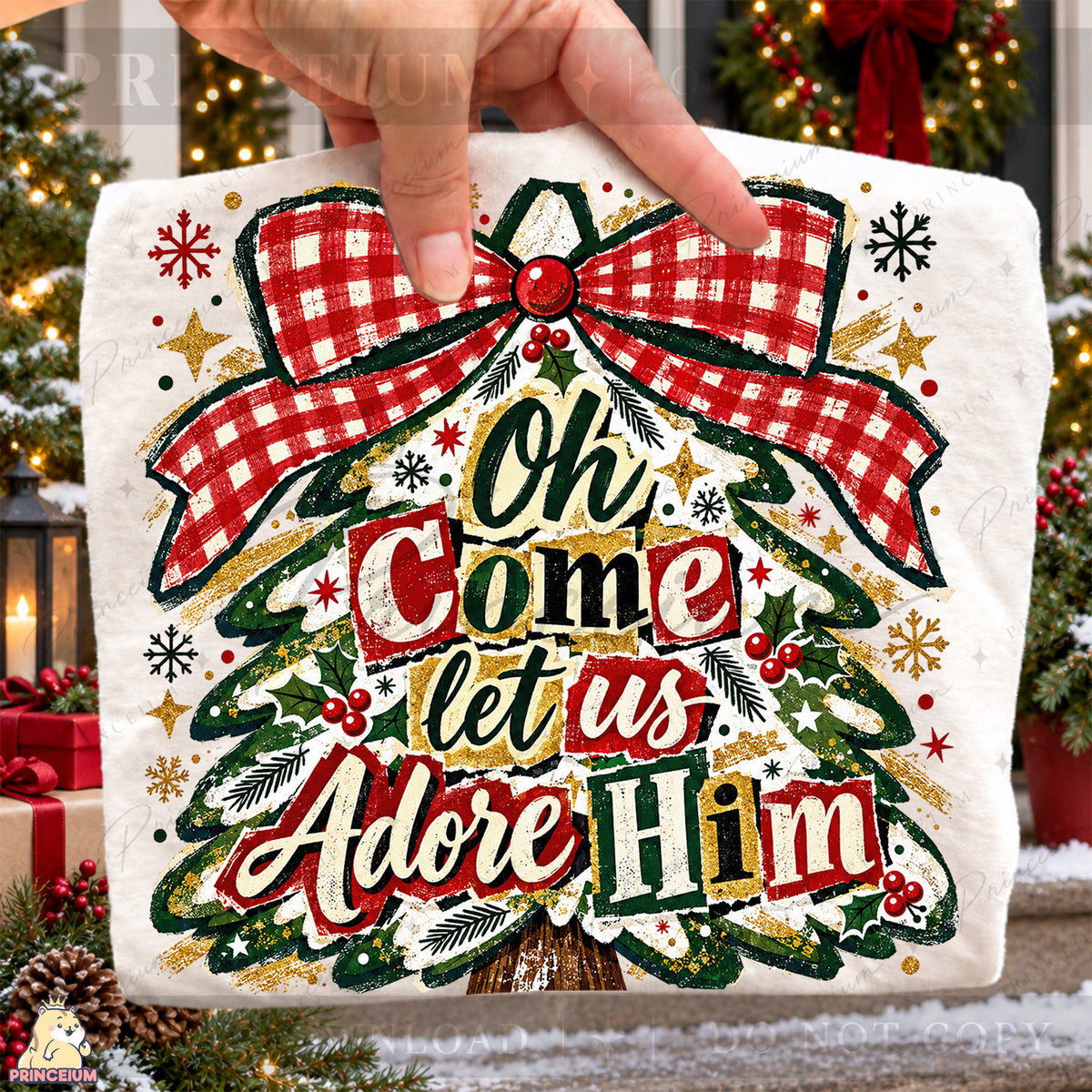 Oh Come Let Us Adore Him Christmas PNG Plaid Bow Tree Christian Holiday Design