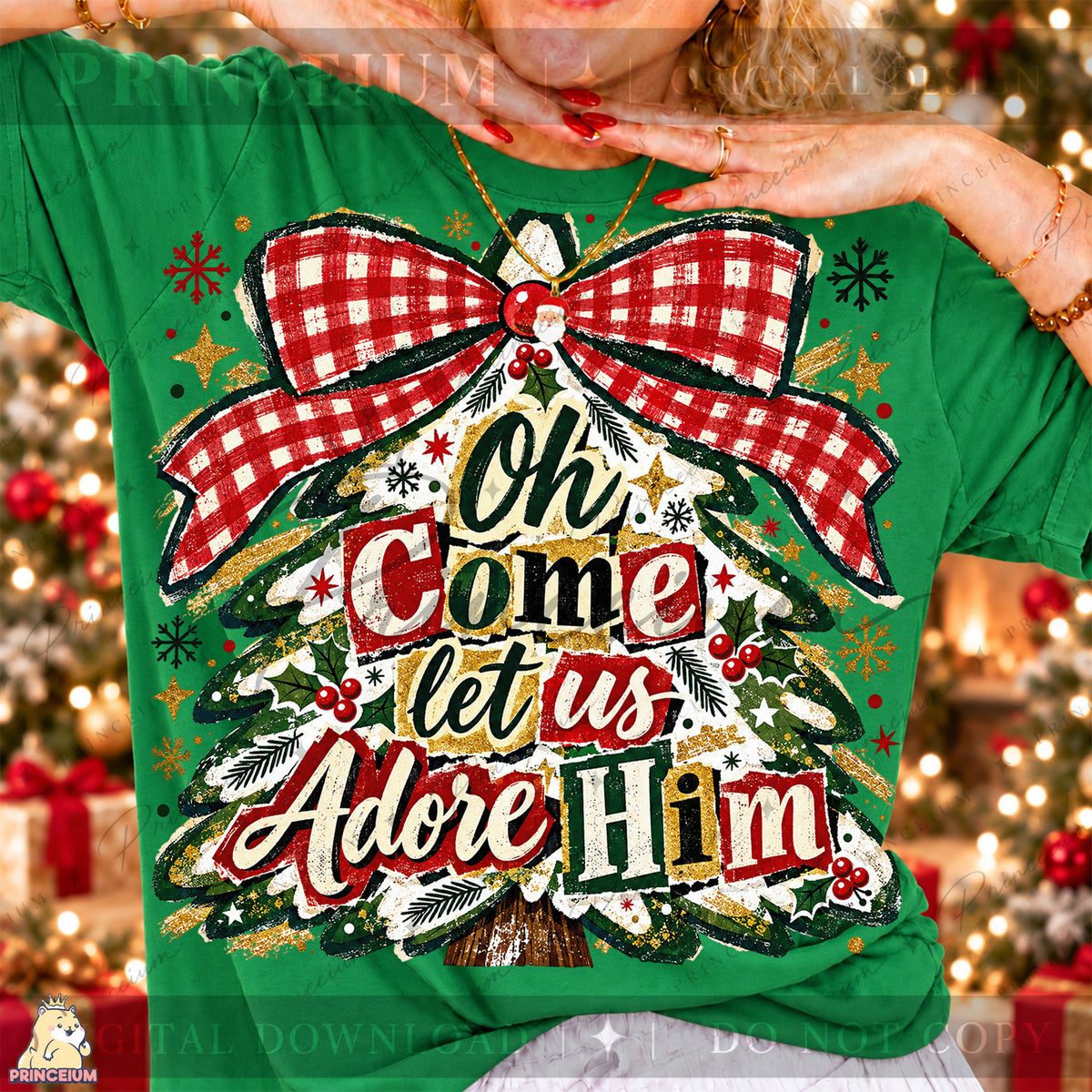 Oh Come Let Us Adore Him Christmas PNG Plaid Bow Tree Christian Holiday Design