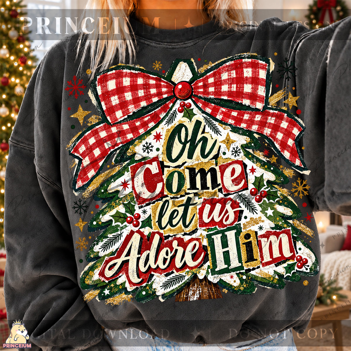 Oh Come Let Us Adore Him Christmas PNG Plaid Bow Tree Christian Holiday Design