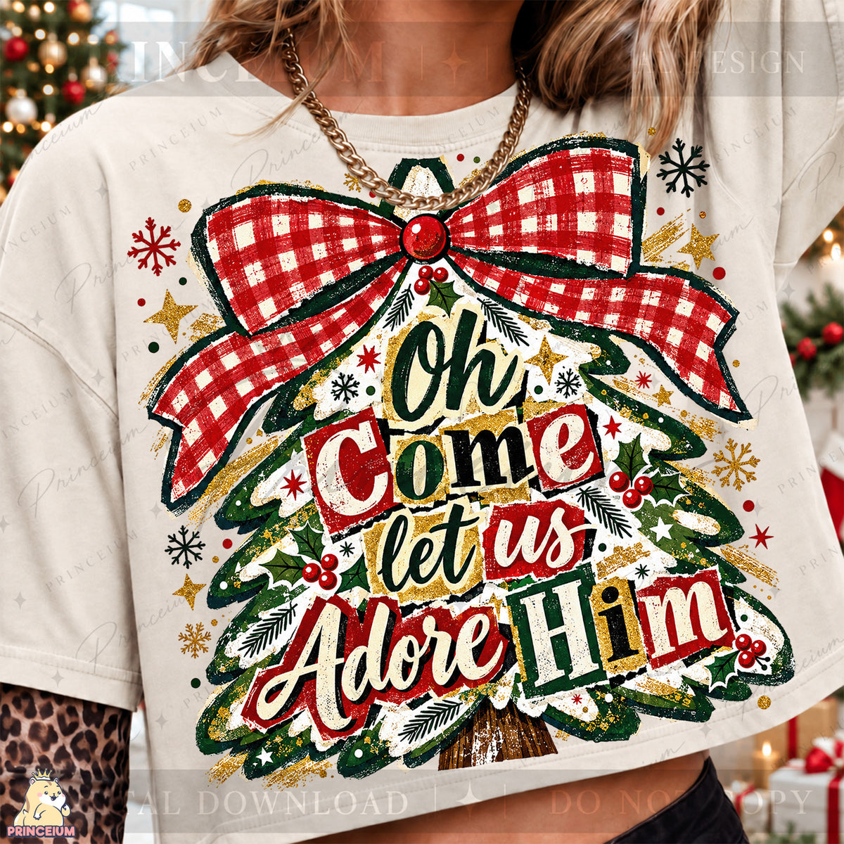 Oh Come Let Us Adore Him Christmas PNG Plaid Bow Tree Christian Holiday Design