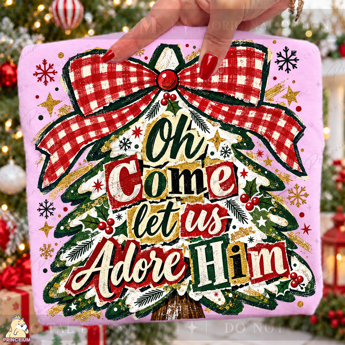 Oh Come Let Us Adore Him Christmas PNG Plaid Bow Tree Christian Holiday Design