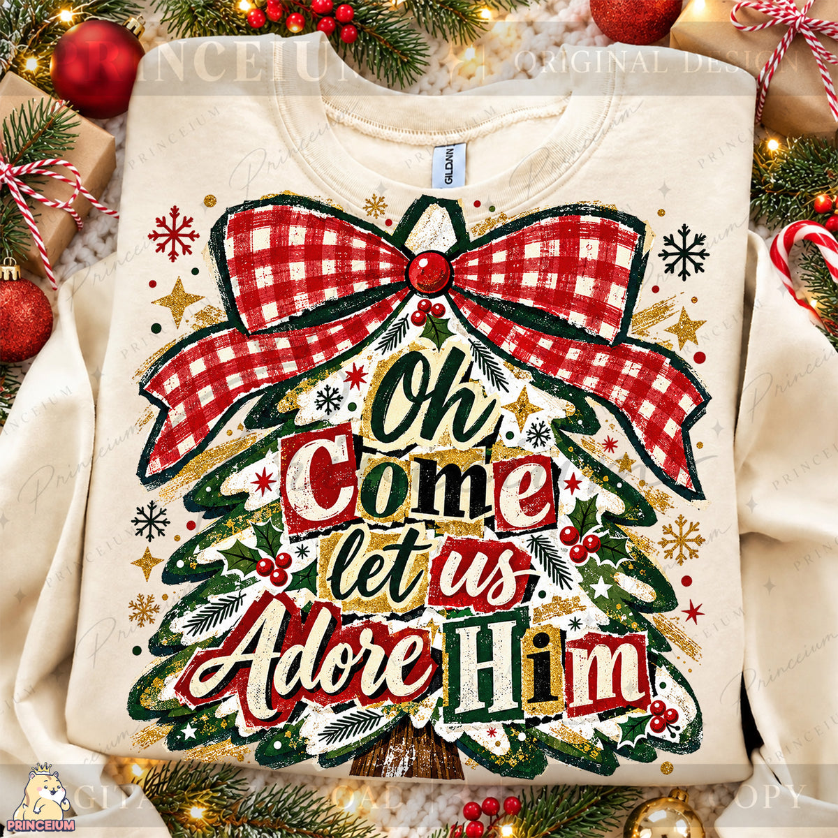 Oh Come Let Us Adore Him Christmas PNG Plaid Bow Tree Christian Holiday Design