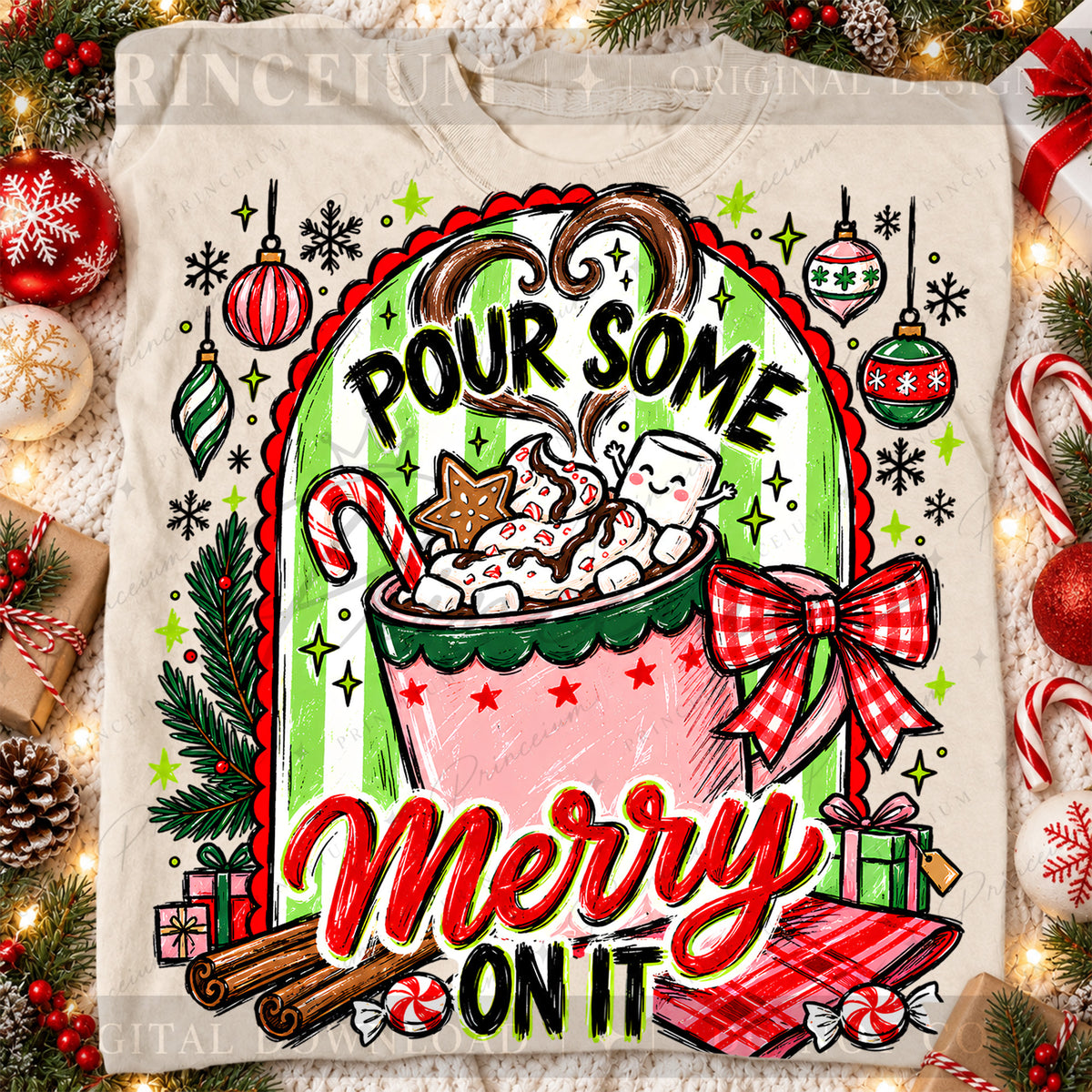 Pour Some Merry on It Christmas PNG Hot Cocoa & Gingham Bow Preppy Holiday Design