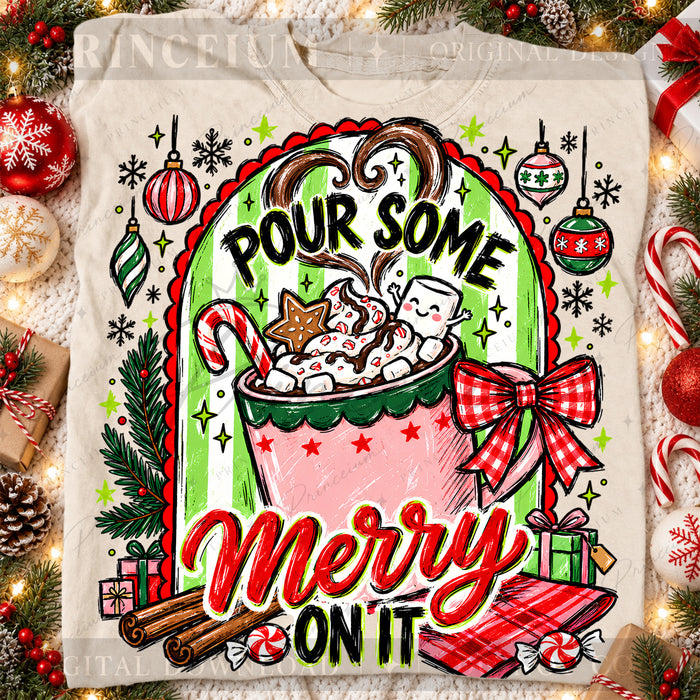 Pour Some Merry on It Christmas PNG Hot Cocoa & Gingham Bow Preppy Holiday Design