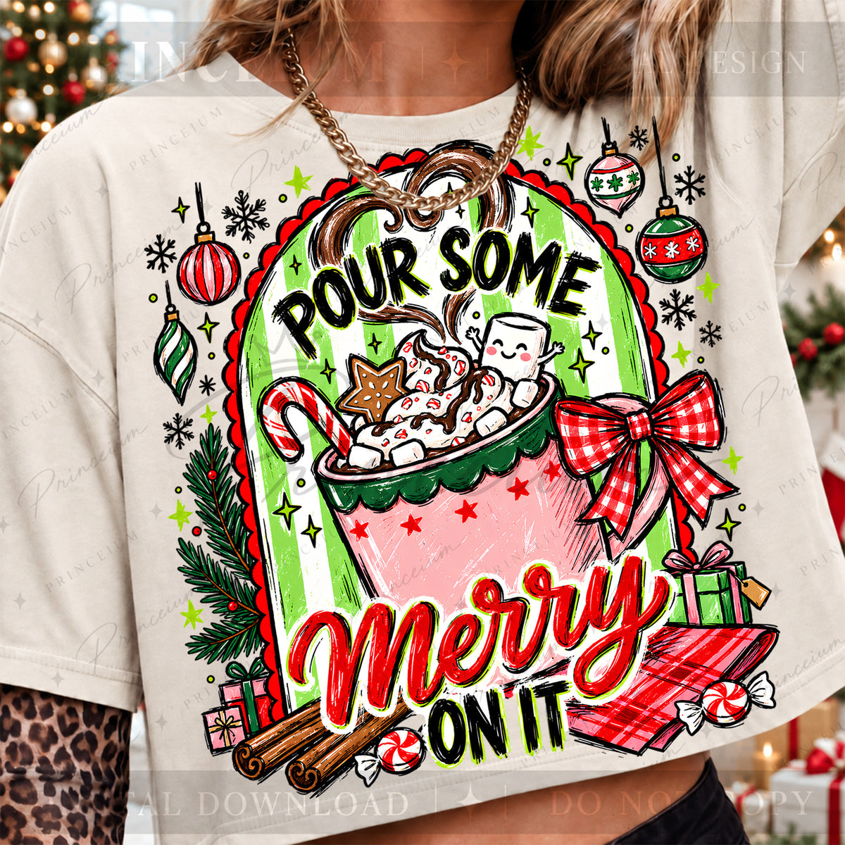 Pour Some Merry on It Christmas PNG Hot Cocoa & Gingham Bow Preppy Holiday Design