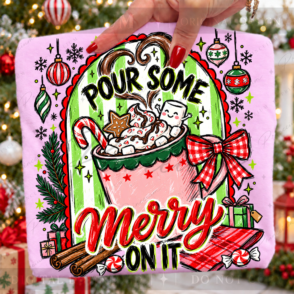 Pour Some Merry on It Christmas PNG Hot Cocoa & Gingham Bow Preppy Holiday Design