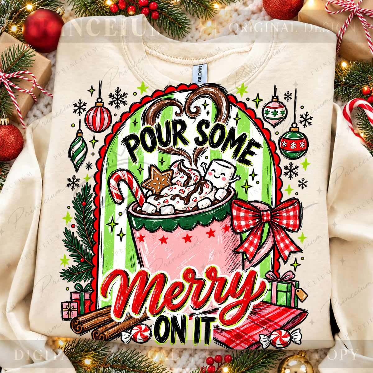 Pour Some Merry on It Christmas PNG Hot Cocoa & Gingham Bow Preppy Holiday Design