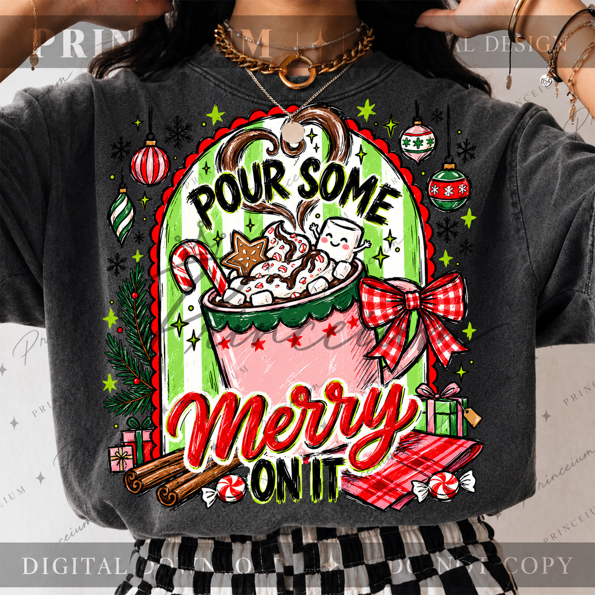 Pour Some Merry on It Christmas PNG Hot Cocoa & Gingham Bow Preppy Holiday Design