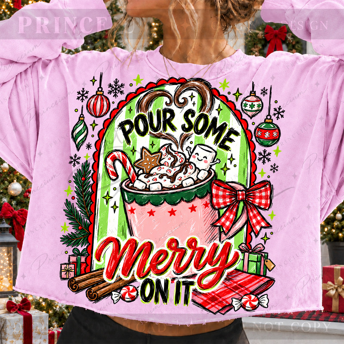 Pour Some Merry on It Christmas PNG Hot Cocoa & Gingham Bow Preppy Holiday Design