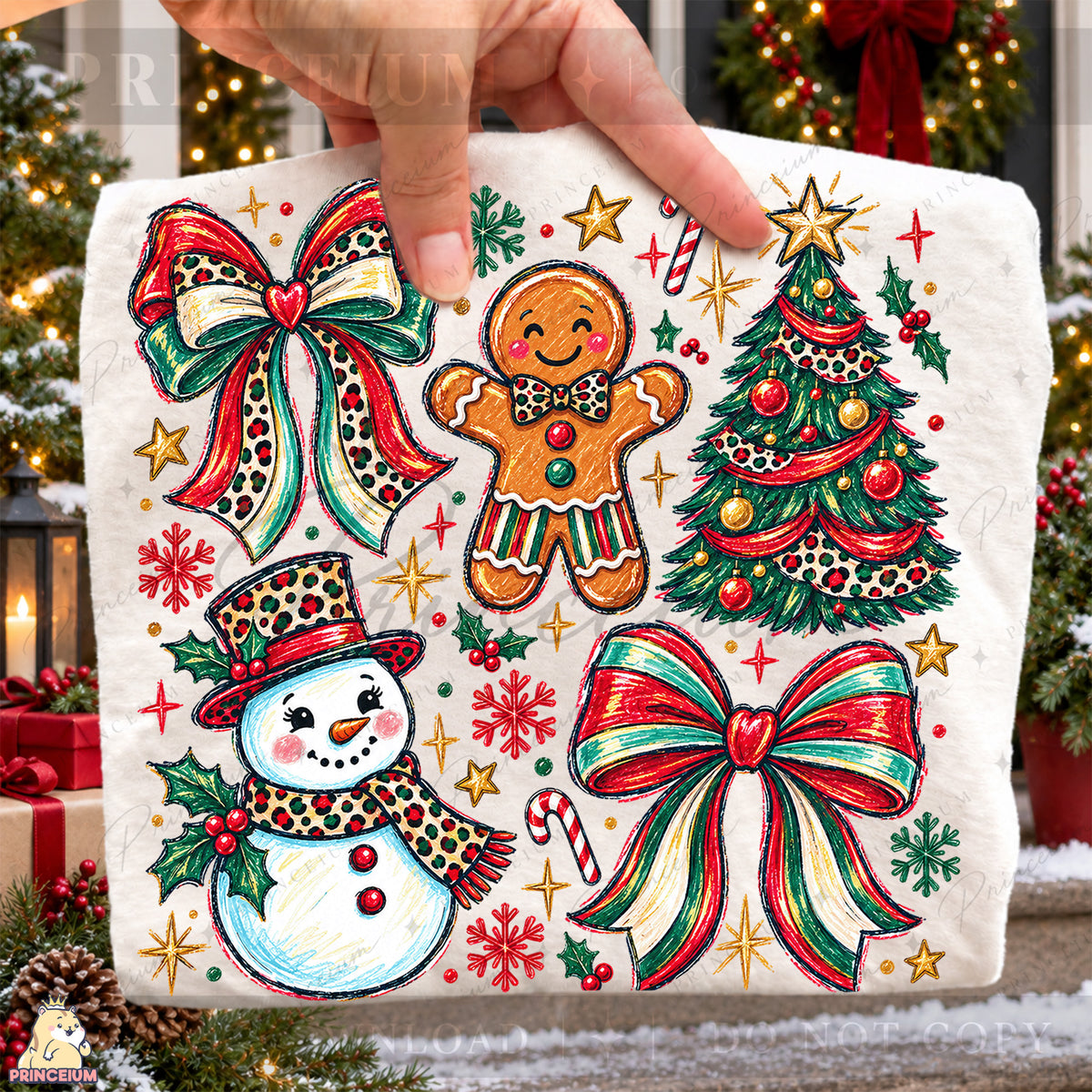 Preppy Christmas PNG Leopard Bow Gingerbread & Snowman Holiday Design