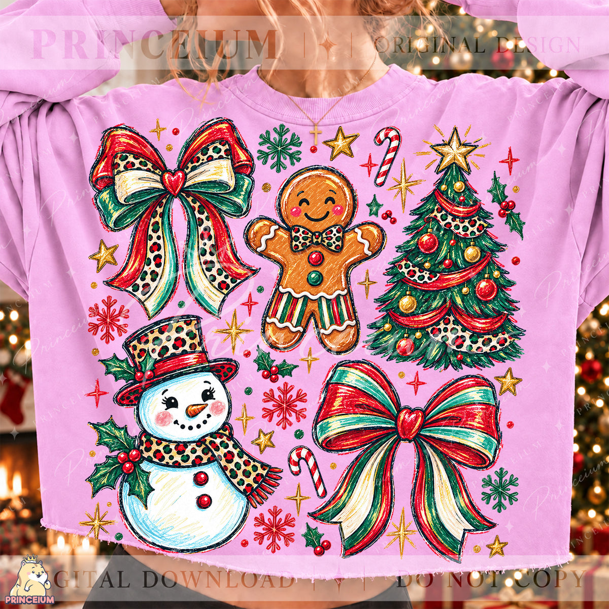 Preppy Christmas PNG Leopard Bow Gingerbread & Snowman Holiday Design