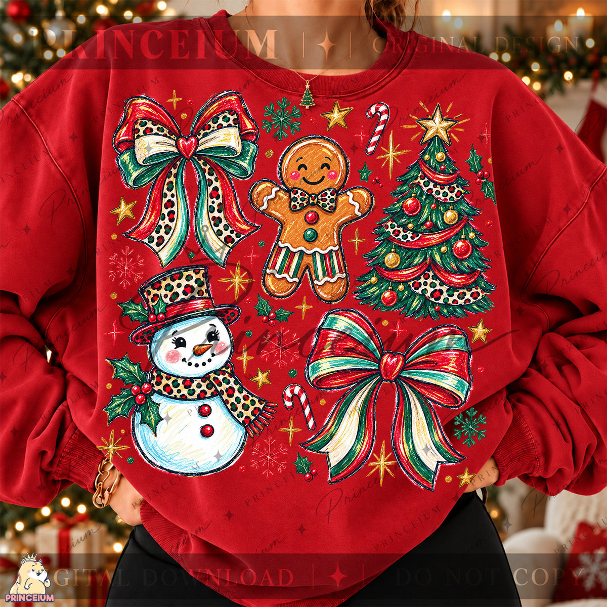 Preppy Christmas PNG Leopard Bow Gingerbread & Snowman Holiday Design