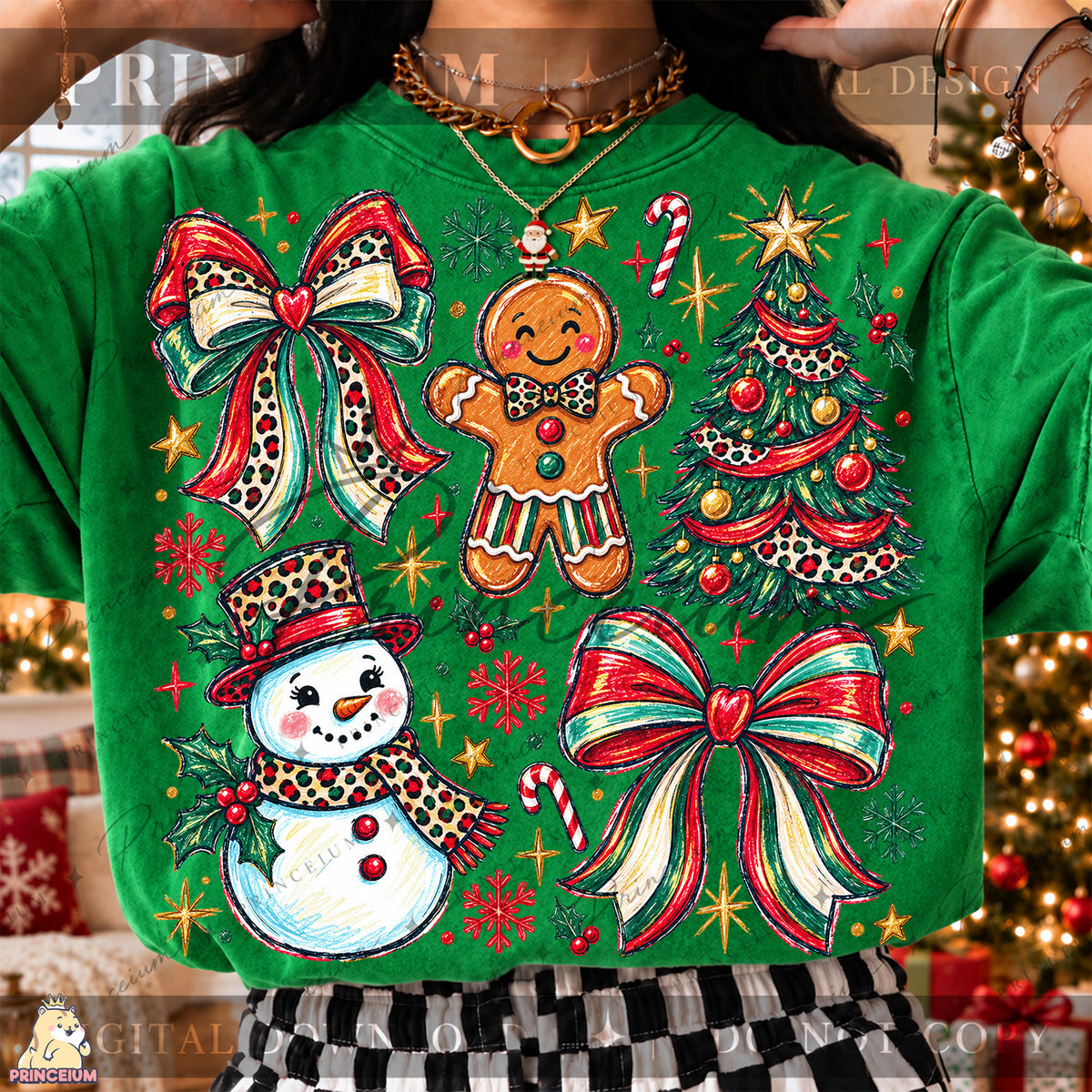 Preppy Christmas PNG Leopard Bow Gingerbread & Snowman Holiday Design