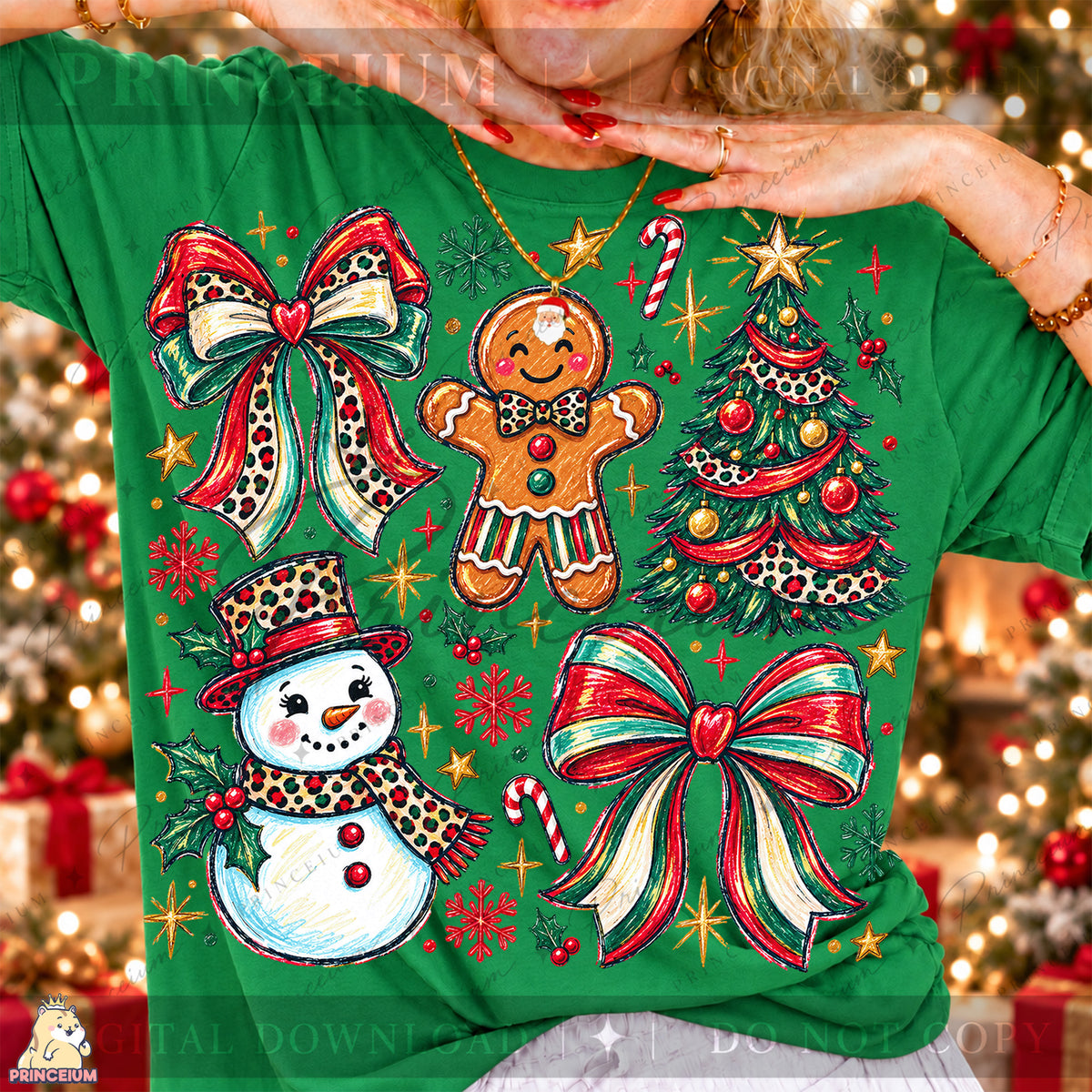 Preppy Christmas PNG Leopard Bow Gingerbread & Snowman Holiday Design