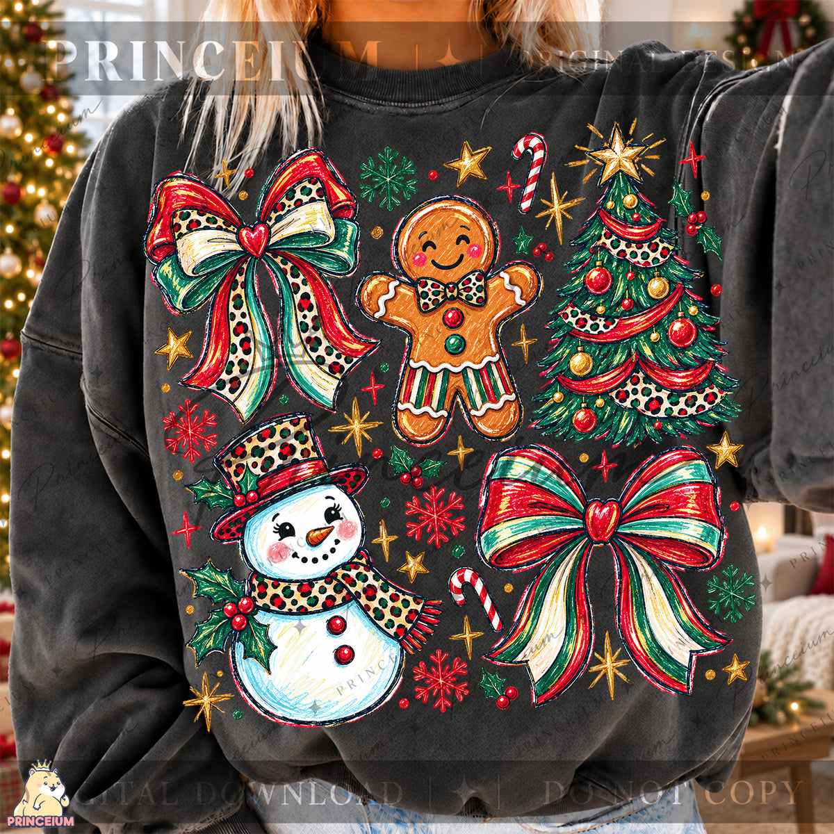 Preppy Christmas PNG Leopard Bow Gingerbread & Snowman Holiday Design