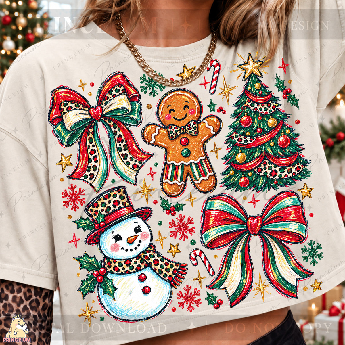 Preppy Christmas PNG Leopard Bow Gingerbread & Snowman Holiday Design