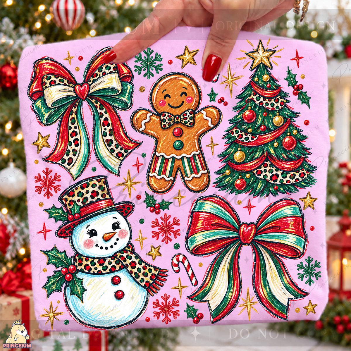 Preppy Christmas PNG Leopard Bow Gingerbread & Snowman Holiday Design