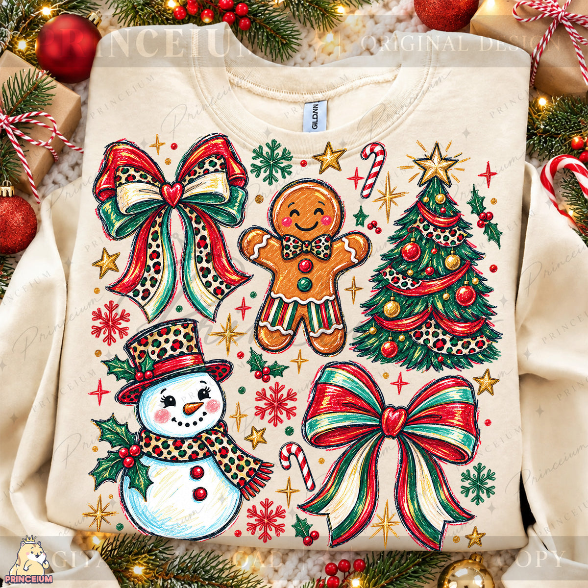 Preppy Christmas PNG Leopard Bow Gingerbread & Snowman Holiday Design