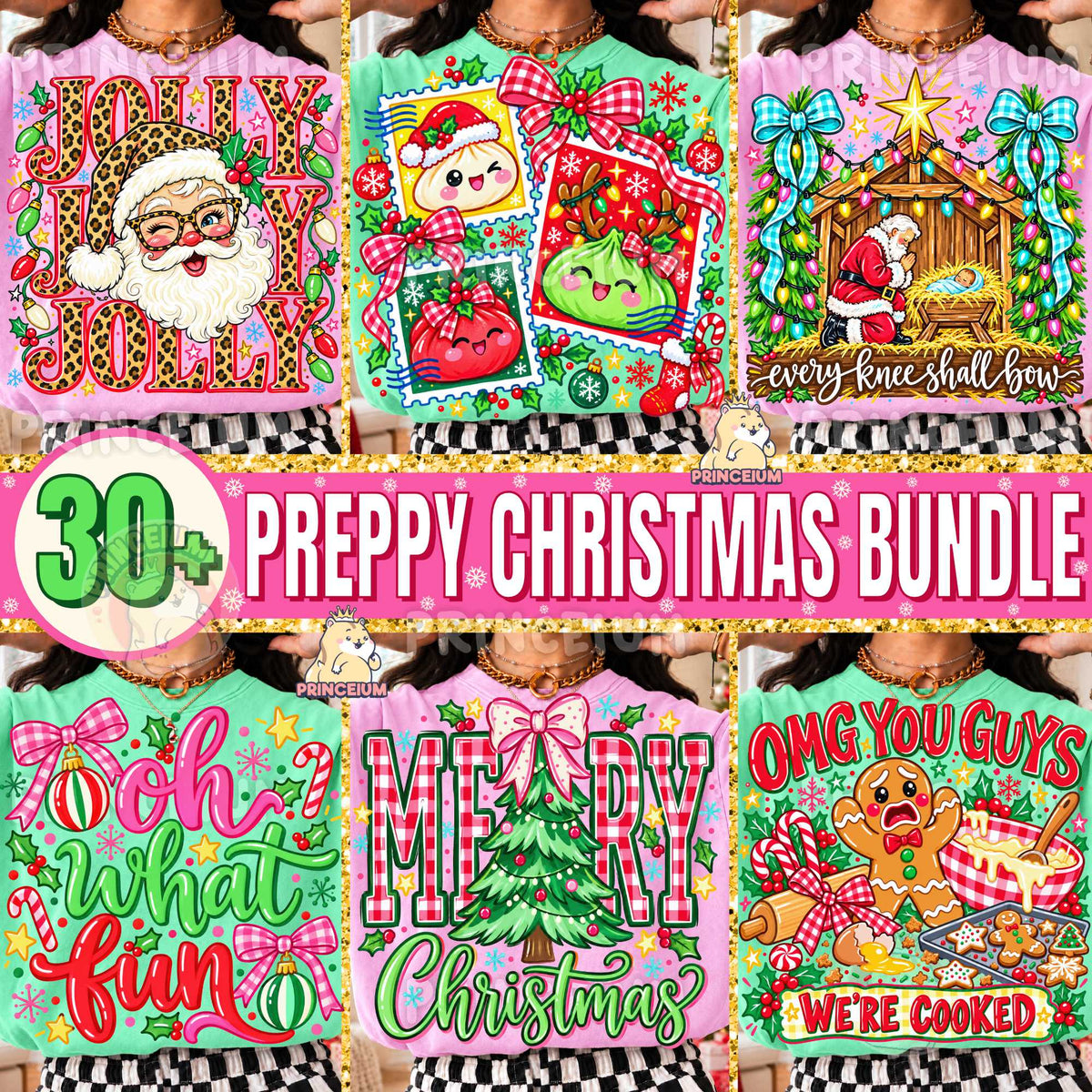 30+ Preppy Christmas PNG Bundle Santa Gingerbread & Bows Festive Holiday Designs