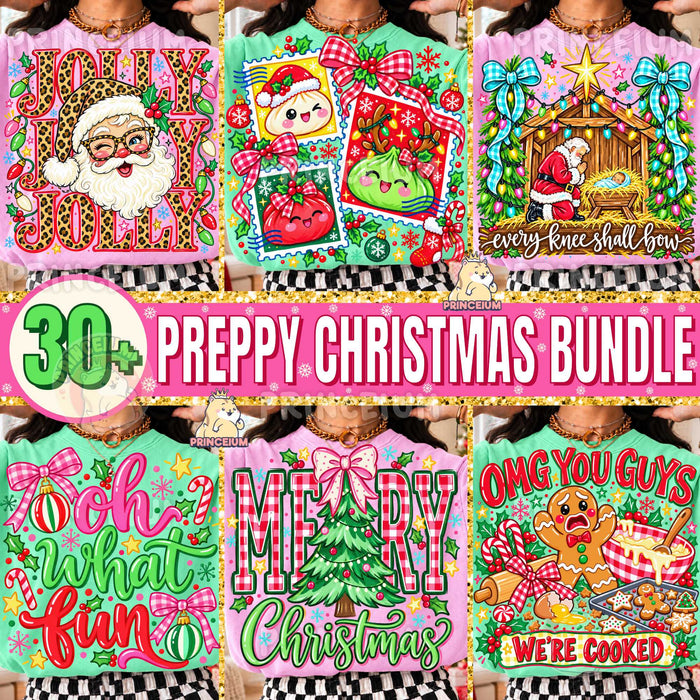 30+ Preppy Christmas PNG Bundle Santa Gingerbread & Bows Festive Holiday Designs