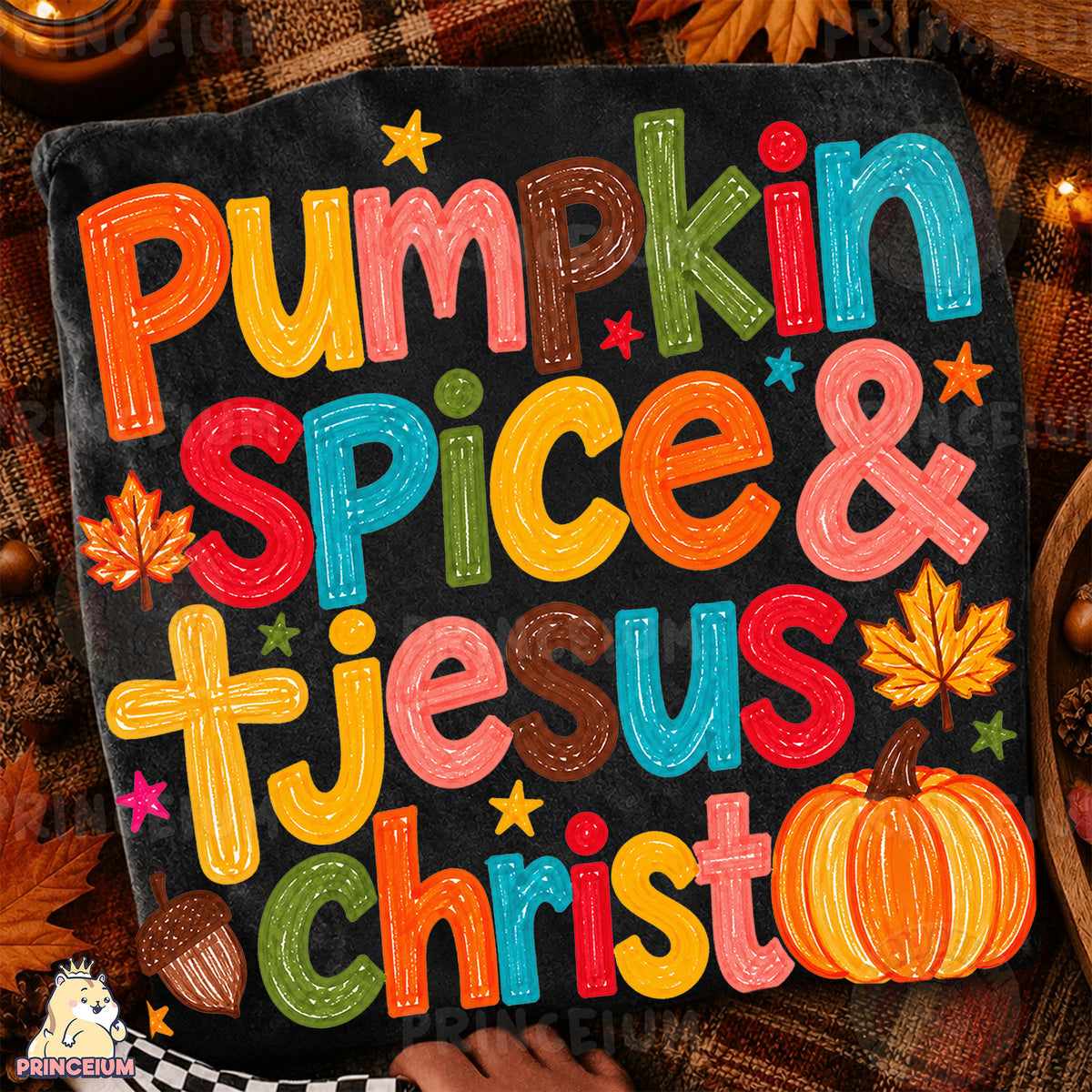 Pumpkin Spice & Jesus Christ PNG Colorful Crayon Christian Fall Design