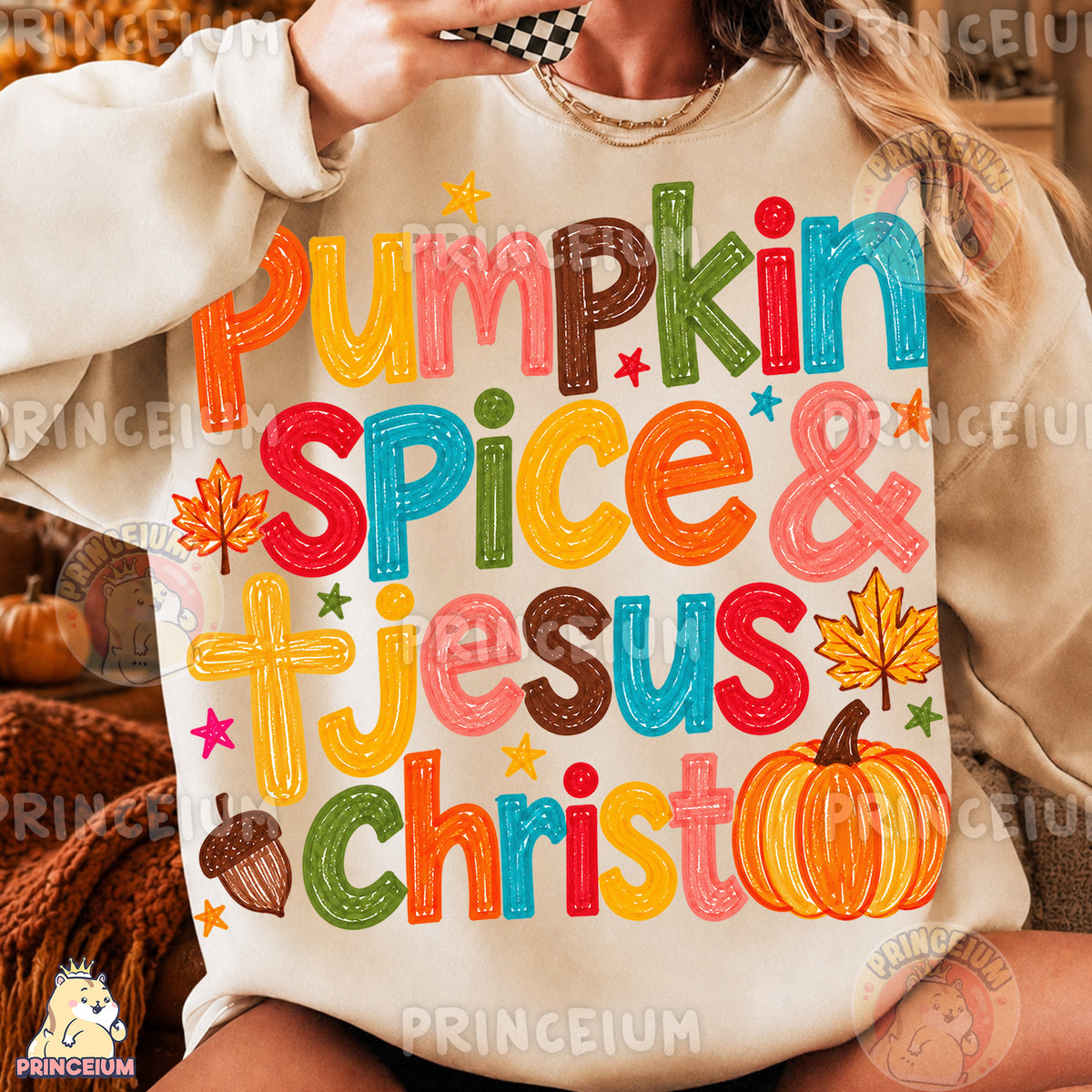 Pumpkin Spice & Jesus Christ PNG Colorful Crayon Christian Fall Design