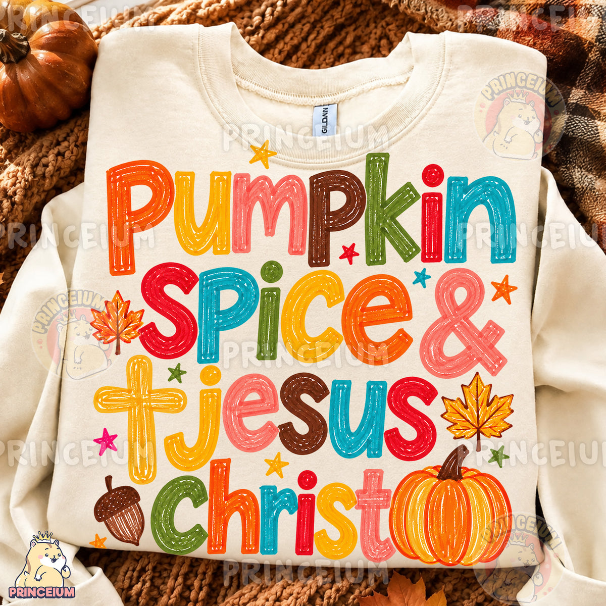 Pumpkin Spice & Jesus Christ PNG Colorful Crayon Christian Fall Design