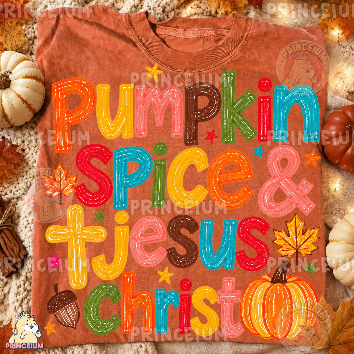 Pumpkin Spice & Jesus Christ PNG Colorful Crayon Christian Fall Design