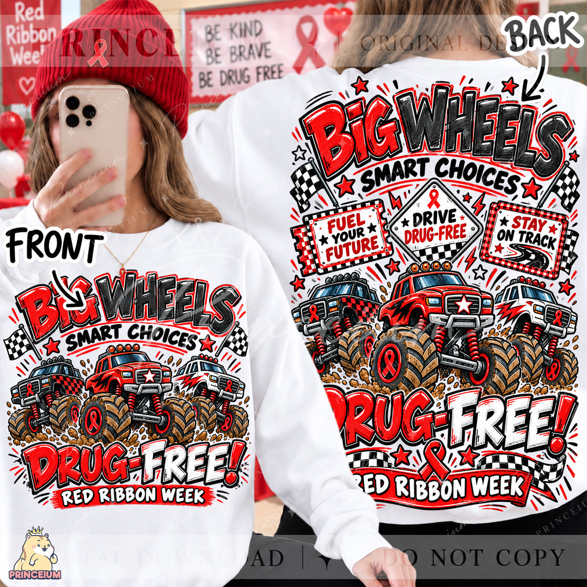 Big Wheels Smart Choices PNG Monster Truck Red Ribbon Week Front Back Design