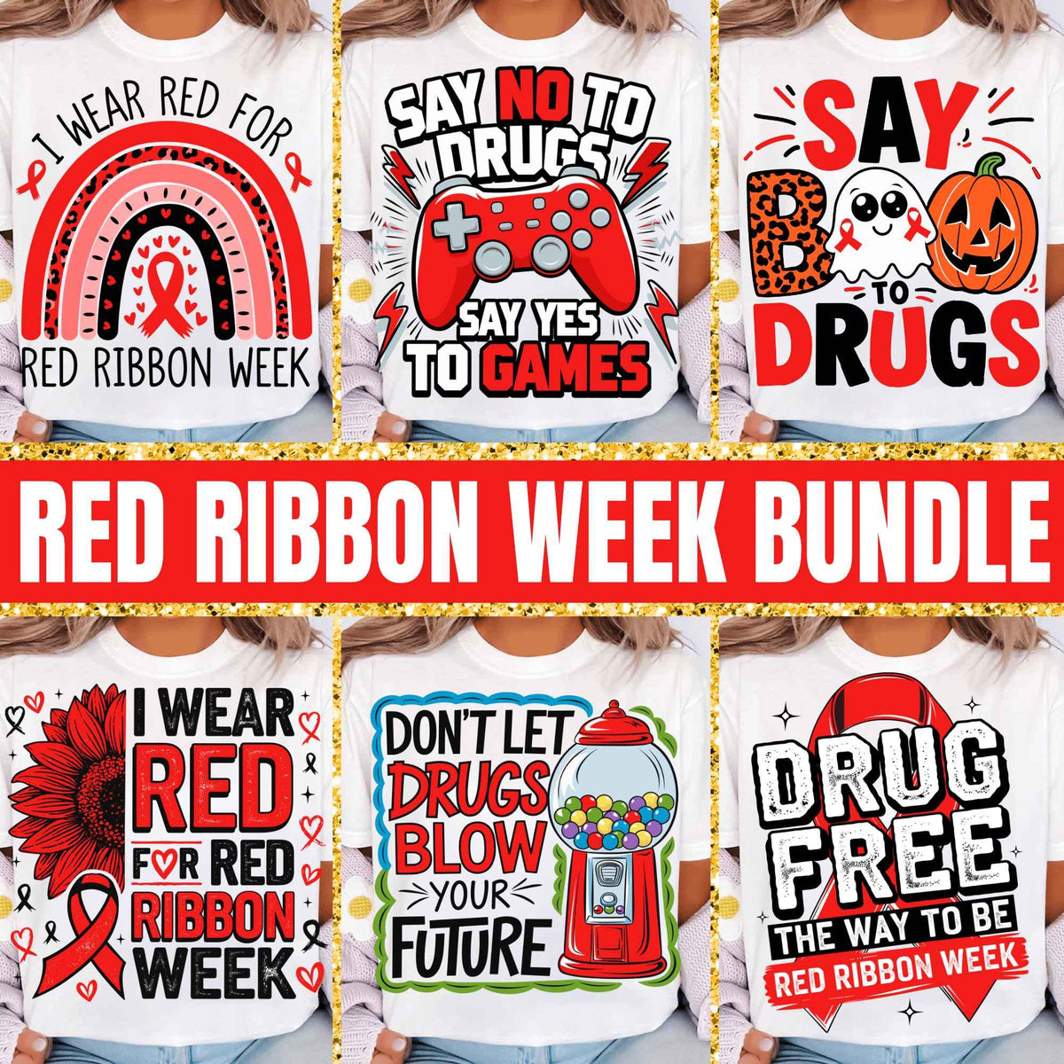 Red Ribbon Week Bundle Png, In October We Wear, Red Ribbon Week Png, Drug-Free, Anti-Drug Svg, Red ribbon Week, Sublimation Designs, Digital