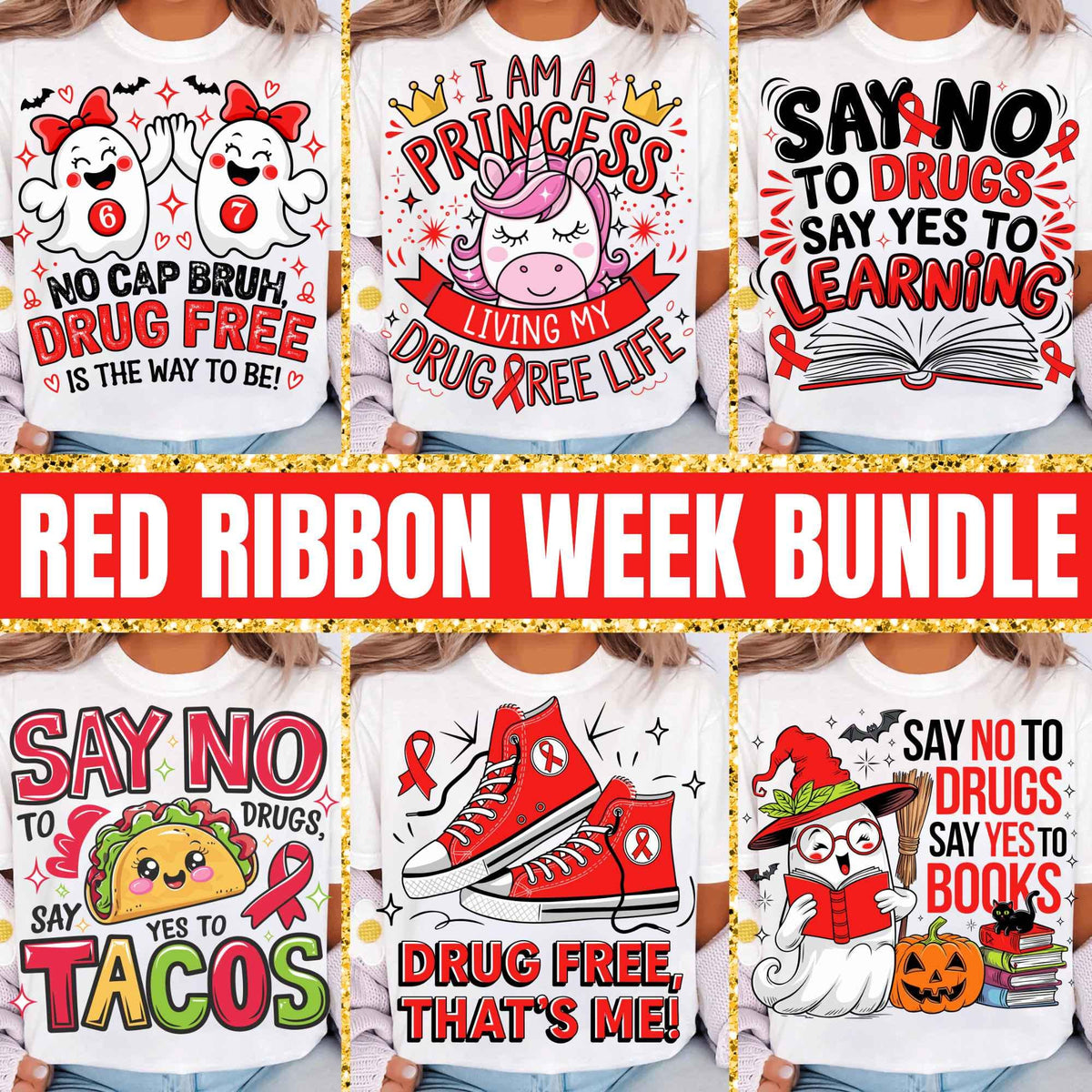 Red Ribbon Week Bundle Png, In October We Wear, Red Ribbon Week Png, Drug-Free, Anti-Drug Svg, Red ribbon Week, Sublimation Designs, Digital
