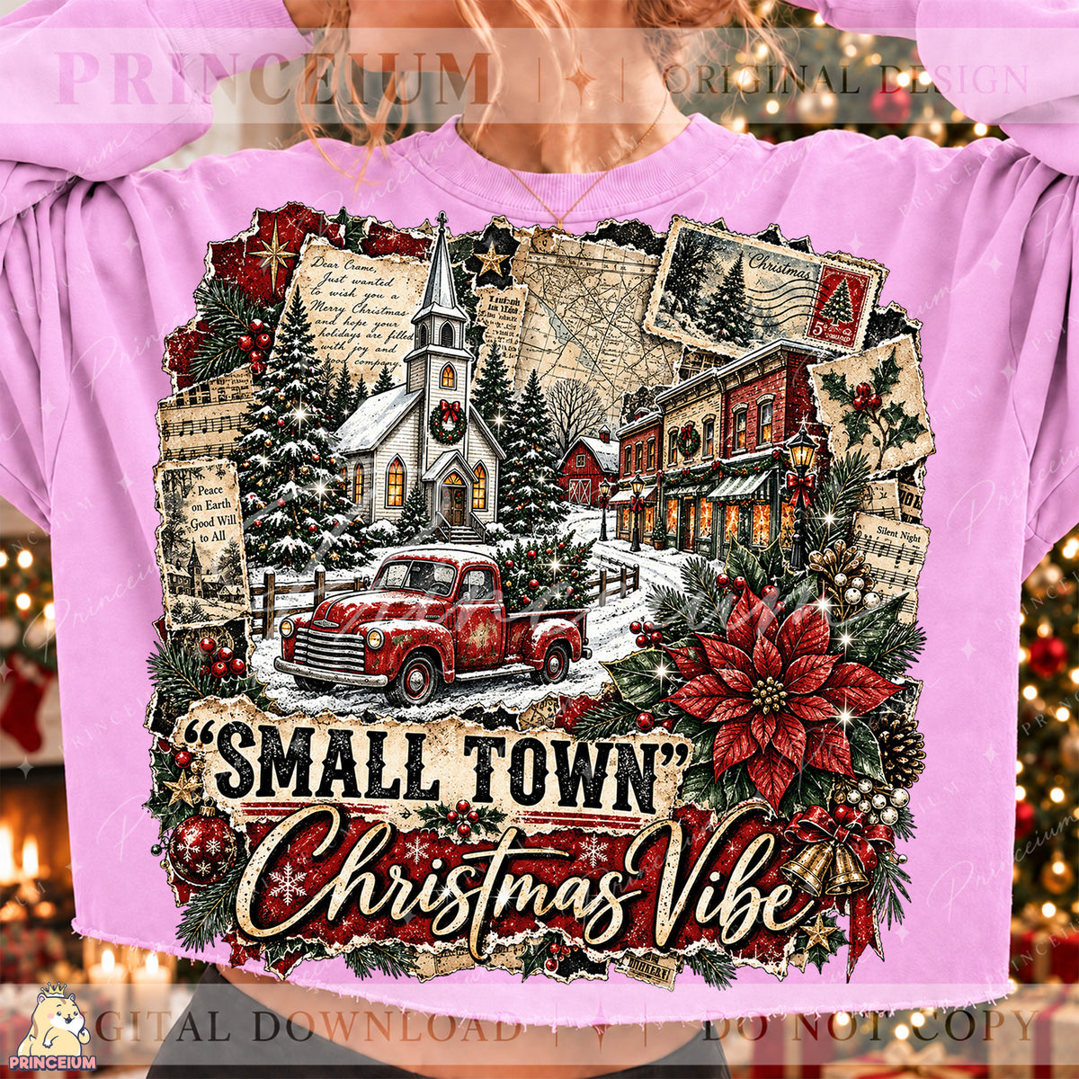 Small Town Christmas Vibe PNG Vintage Red Truck & Snowy Village Holiday Design