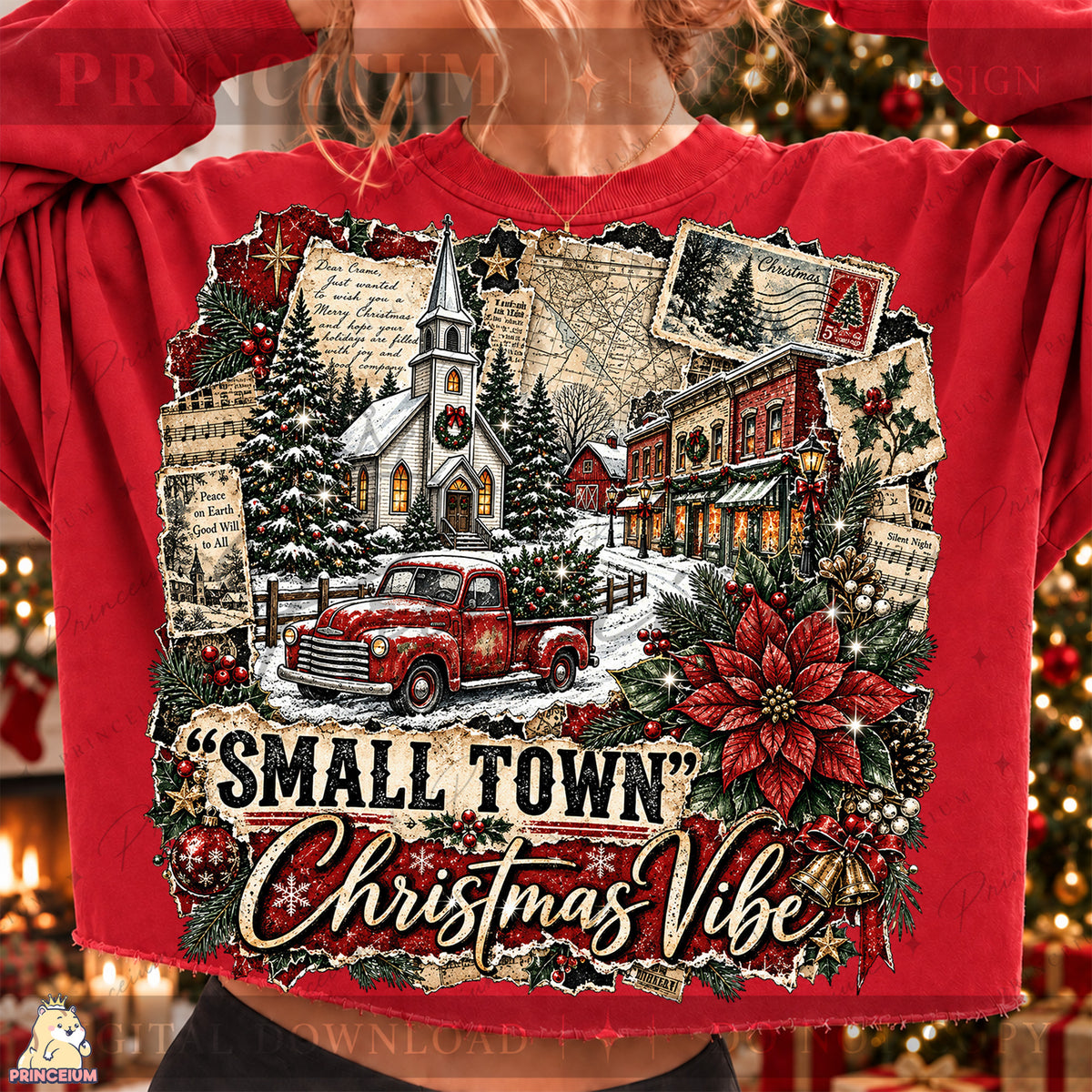 Small Town Christmas Vibe PNG Vintage Red Truck & Snowy Village Holiday Design