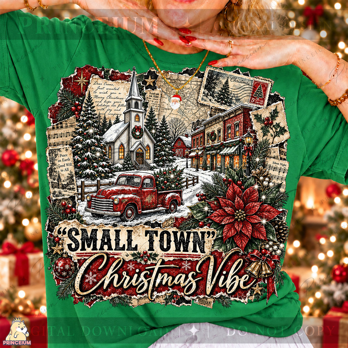 Small Town Christmas Vibe PNG Vintage Red Truck & Snowy Village Holiday Design