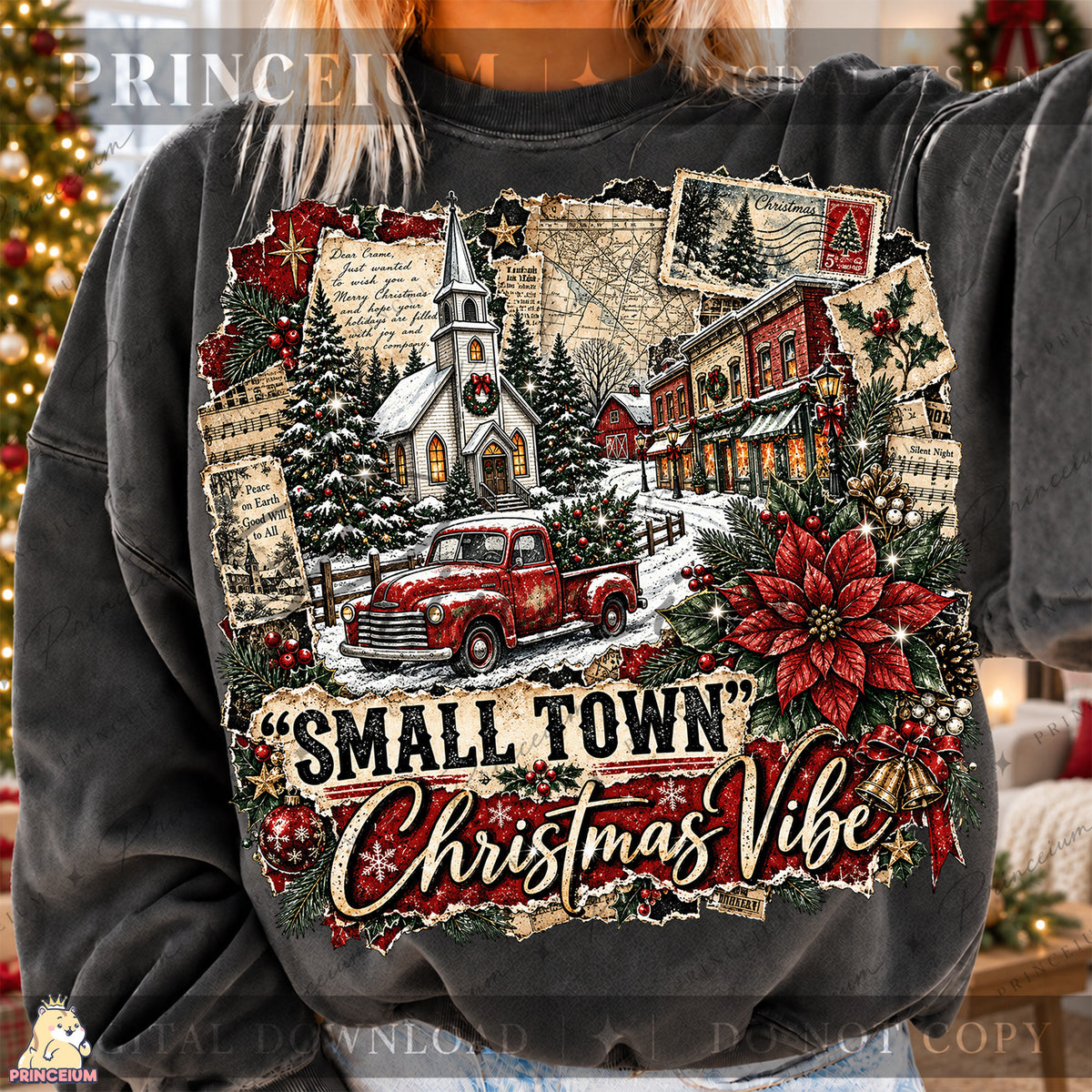 Small Town Christmas Vibe PNG Vintage Red Truck & Snowy Village Holiday Design