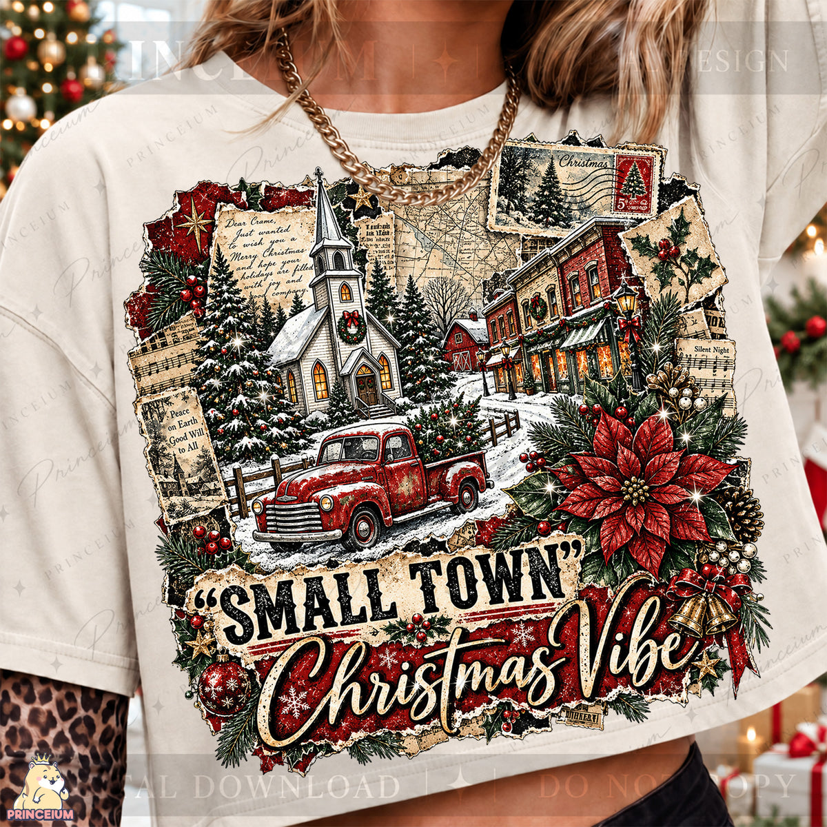 Small Town Christmas Vibe PNG Vintage Red Truck & Snowy Village Holiday Design